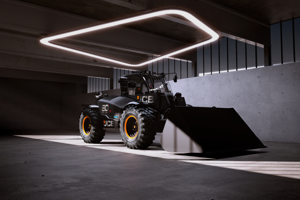 JCB Black Edition in dunkler Halle mit Kreislicht