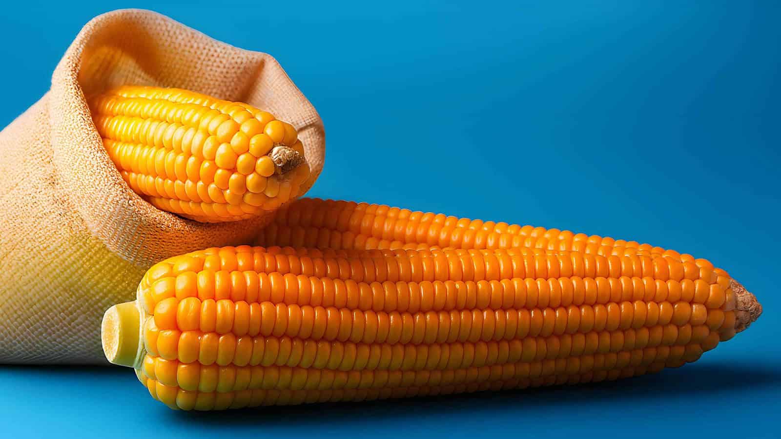 Zwei Maiskolben, blauer Hintergrund als Kontrast
