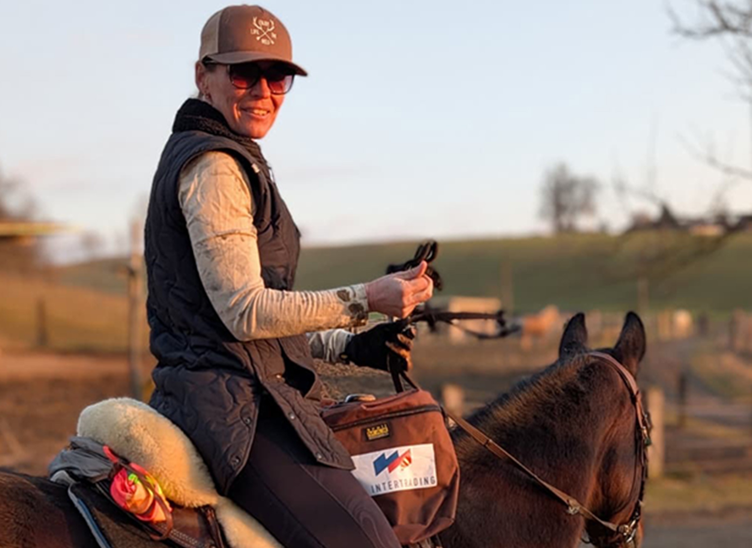Mitarbeiterin, Michaela Anzinger, auf braunem Pferd in der Natur. Die Satteltasche trägt das VAIT Logo